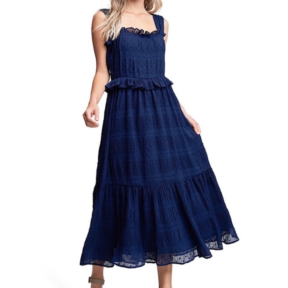 EN SAISON Tiered Chiffon Midi Women's Small Dress Blue Swiss Dot Sundress Lined